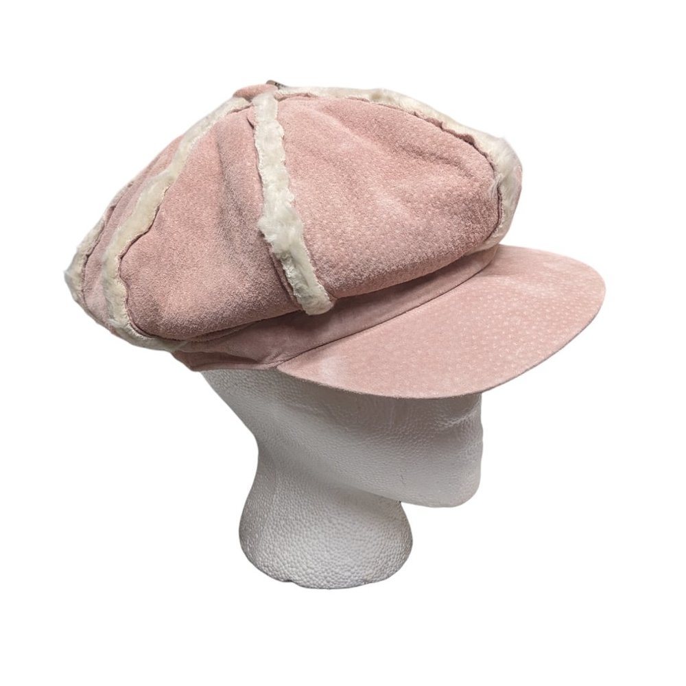 NOS Vintage 90's Wilson's Leather Pink Suede Faux Shearling Newsboy Cap Hat